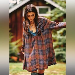 Free People Haddie Plaid Dress in Charcoal Combo